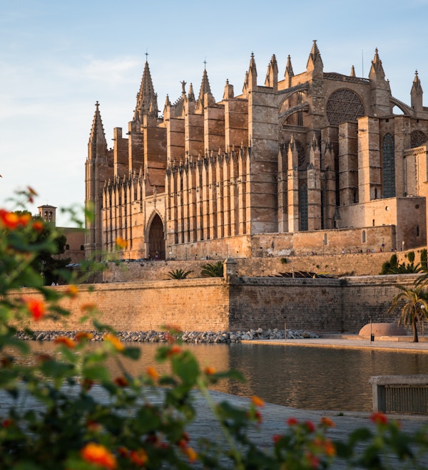 En stor katedral med gotiske spir som ligger ved vannet blomster i forgrunn og palmer