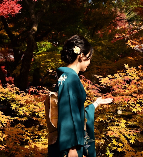 kvinne i kimono som står nær treet kledd i høstfarger