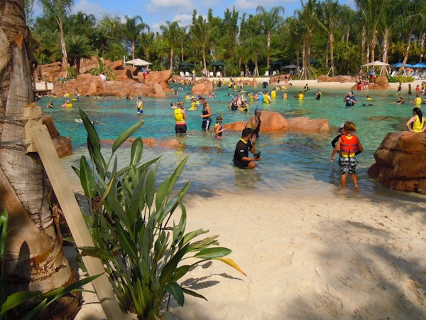 Mennesker med snorkler og våtdrakter i vannparken Discovery Cove