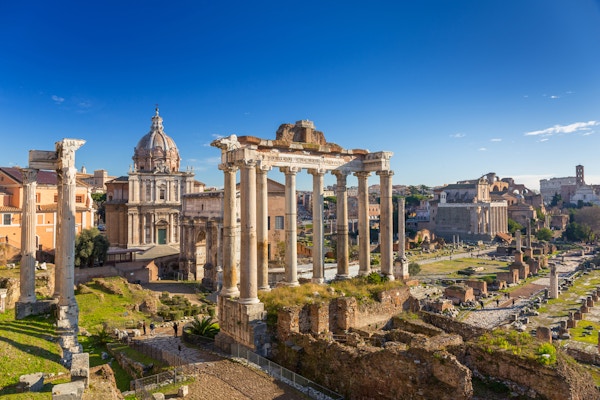 Utsikten til Forum Romanum, bytorget i det gamle Roma, Italia