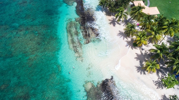 Dronebilde av tropisk strand med turkist vann, hvit strand og palmer.