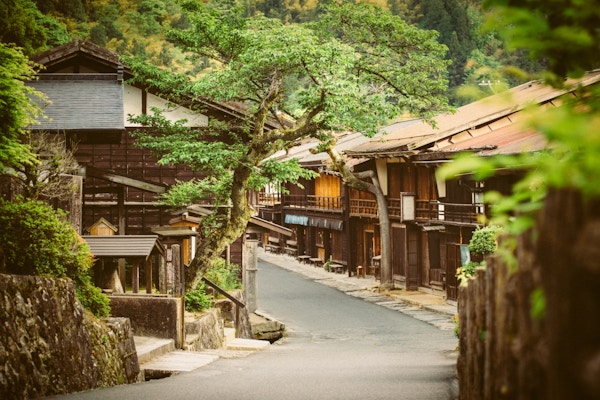 Tsumago, en tradisjonell japansk landsby i Gifu prefekturfjellene. Japan.
