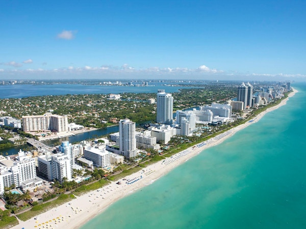 Miami, strand, sol, hav, antenne, sand, strender, bygninger
