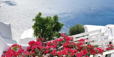 Hvite hus med blomster og havet i bakgrunnen med cruiseskip.
