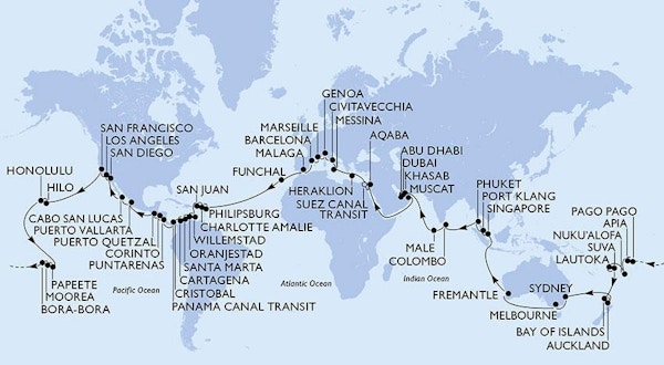 Kart over verdenscruise med MSC.